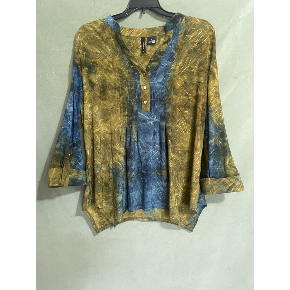 New Directions Petite Blue Olive Green Tie Dye Pintuck Henley Blouse PL